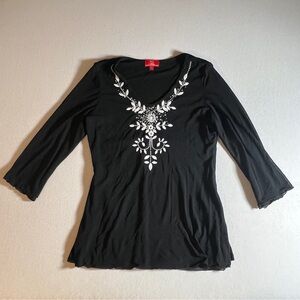 Oscar by Oscar De La Renta Long Sleeve Beaded Embroidered Black Mesh Top, Large